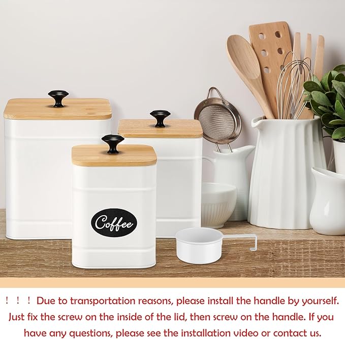 Tioncy Kitchen Canisters for Countertop Set of 3 Metal Canisters Sets with Bamboo Lids Spoon Airtight High Capacity Coffee Tea Sugar Flour Jars with DIY Labels Farmhouse Food Storage (White,L,M,S)