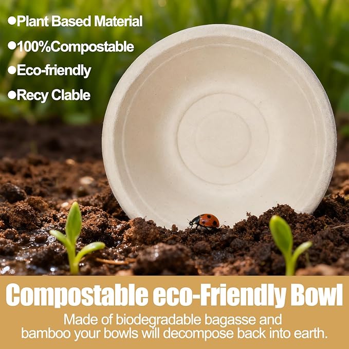 TaidMiao Paper Bowls Disposable - 100 Pack 12 oz Compostable & Biodegradable Bowls; Heavy Duty Sugarcane Fiber Bowls, Microwave Safe; Ideal for Soup, Salads, Pasta & Ice Cream
