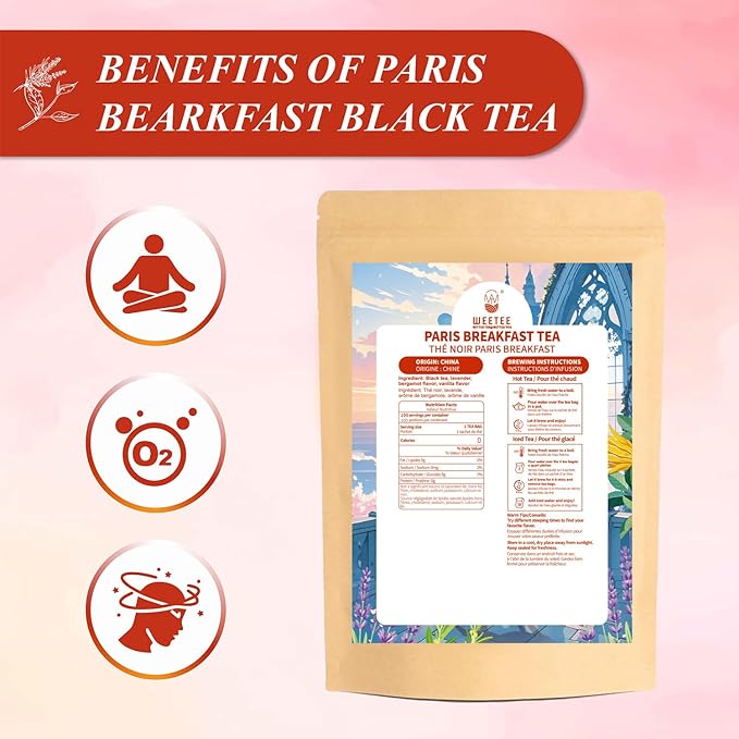 WT WEETEE Paris Breakfast Black Tea,100 Count Paris Black Tea Bags, Bergamot and Vanilla Flavored Black tea with Lavender