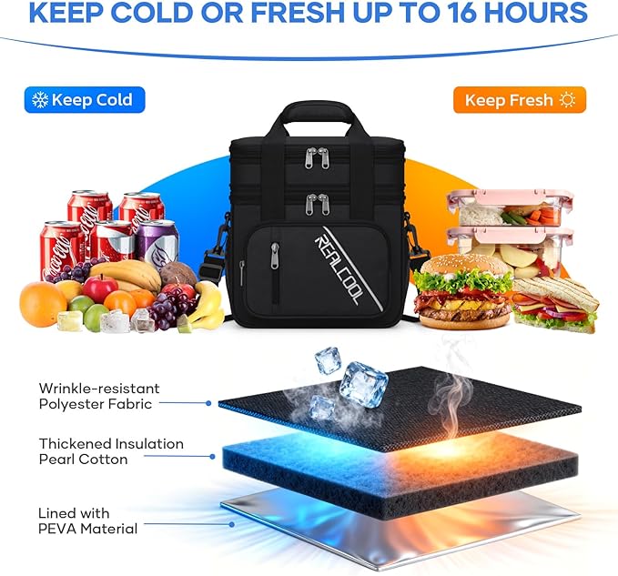 RealCool Lunch Bag, Insulated Lunch Box for Men Women, Double Deck Leakproof Soft Cooler Bag with Adjustable Strap, Reusable Lunchbox for Work, Travel, Camping (Black)