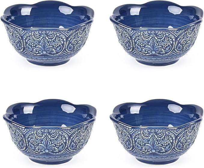 Sungmor Embossed Stoneware Fine Dining Dinnerware, Antique Baroque Style Porcelain 6 Inch (20 oz) Flower Shape Bowls Set of 4, Sophisticated Ceramic Bowls for Soup, Cereal, Oatmeal, Rice, Pasta, Salad