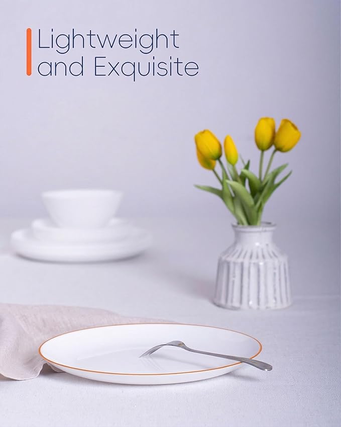 LaGlint 10.5 inch Dinner Plate Set of 6, Lightweight Round Opal Glass Dinnerware Plates, Dishwasher and Microwave Safe, Hand Painted Orange Rim