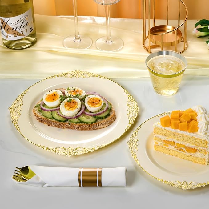 Bestluck 350PCS Ivory Plastic Plates for 50 Guests, Disposable Dinnerware Sets Include 100 Gold Rim Plastic Plates, 50 Silverwares, 50 Cups, and 50 Pre Rolled Napkins for Party, Wedding, Graduation