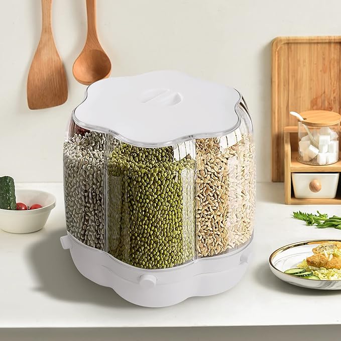 Grain Storage Container Dispenser, 6 Grids rice dispenser rotating, 360° rotating food dispenser One-Click Output rice Storage Round Grain Dispenser Kitchen (White Medium 1.53kg)