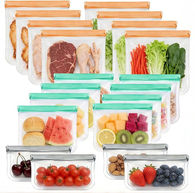20 Pack Reusable Food Storage Bags Freezer Safe Dishwasher Leakproof for Frozen Meat Fruits & Vegetables Bag Home Organization Travel Toiletries Meal Prep 8 Gallon 8 Sandwich 4 Snack