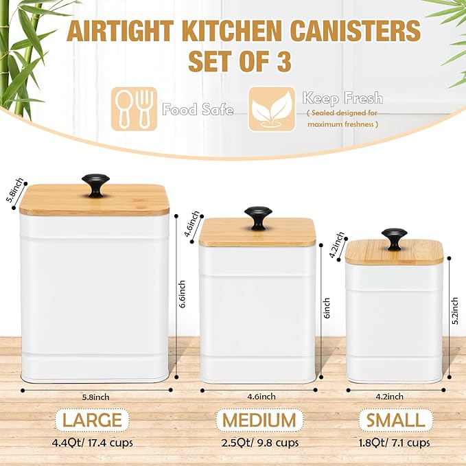 Tioncy Kitchen Canisters for Countertop Set of 3 Metal Canisters Sets with Bamboo Lids Spoon Airtight High Capacity Coffee Tea Sugar Flour Jars with DIY Labels Farmhouse Food Storage (White,L,M,S)