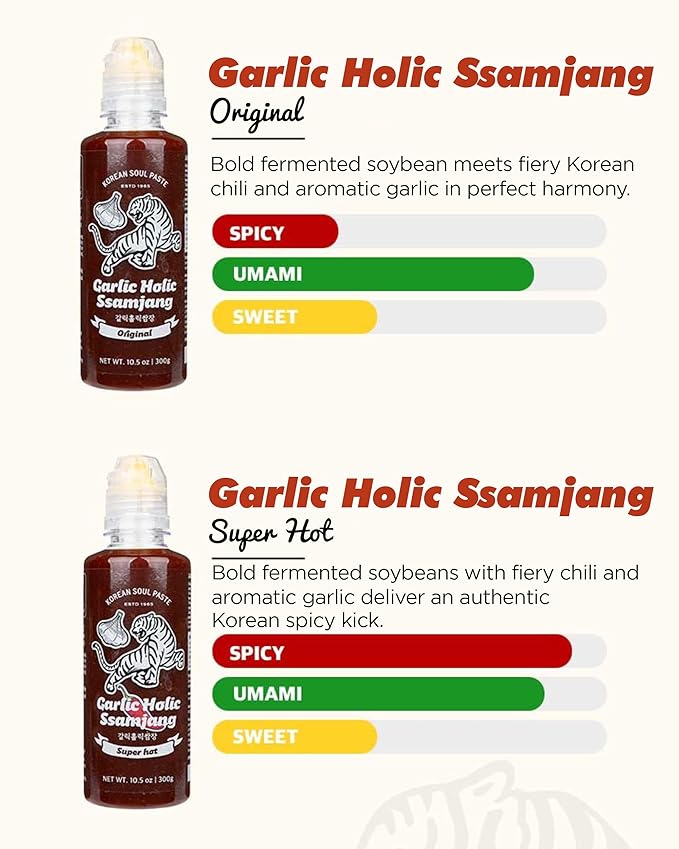 Korean Garlic Holic Ssamjang Squeeze Tube Vegan Gluten-Free Spicy and Sweet Seasoned Bean Paste for Korean BBQ Essential, Korean BBQ Dipping Sauce with Calamansi & Double Garlic - Vegan, Non-GMO, 10.1oz (300g)