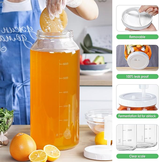 2 Gallon Glass Jar with Airtight Lid, Wide Mouth Wine Making Supplies with 2 Airlocks(7600ML), Pickle Jar, Gallon Fermentation Jar with Clear Scale Marks for Home Brew, Kombucha, Cider, Beer