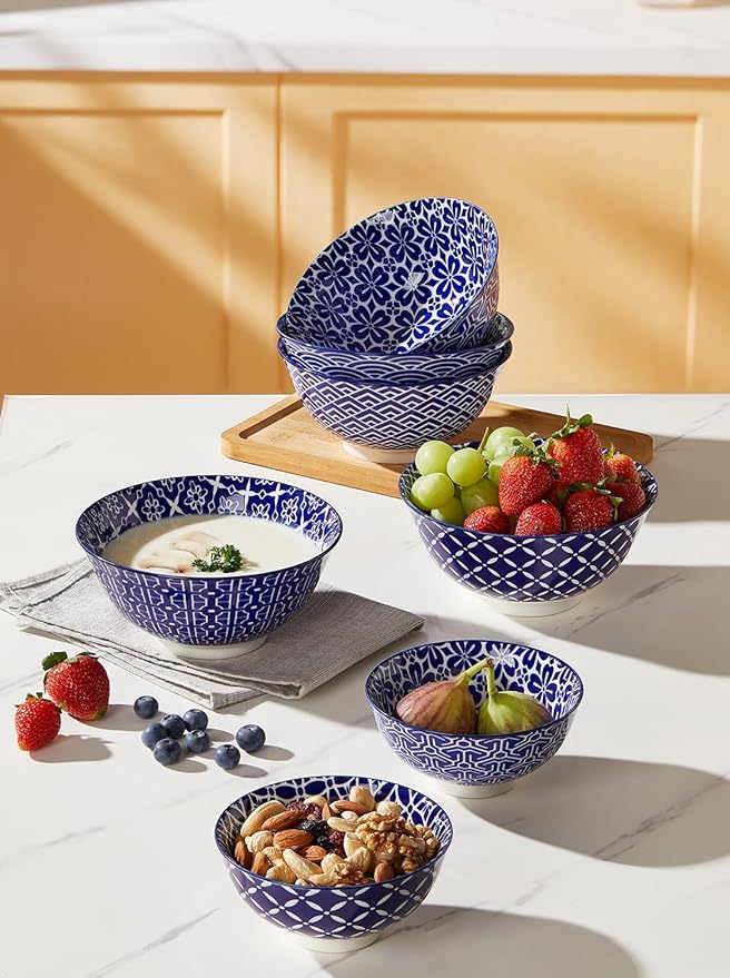 Metahom Ceramic Cereal Bowls, 23 Oz Blue and White Bowls, Porcelain Soup Bowl Set for Salad, Dessert, Pasta, Ice Cream,Set of 6