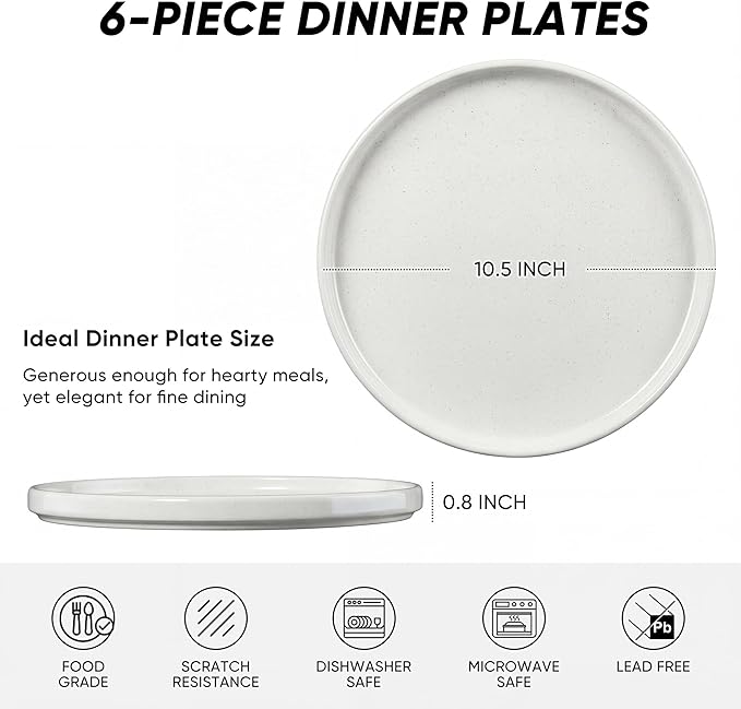 E-far White Dinner Plates Set of 6, 10.5 Inch Stoneware Dinner Plates with Raised Edges, Chip & Scratch Resistant | Microwave & Dishwasher Safe Modern Ceramic Dishes for Dessert Salad, Speckled White