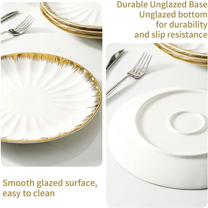 LETAOTAO Ceramic Plates For Kitchen, Ceramic Dessert Salad Plates Set of 4 for Appetizer, Small Dinner Plates with Gold Rim, Porcelain Dish for Pasta, Pancakes, Steak(8in)