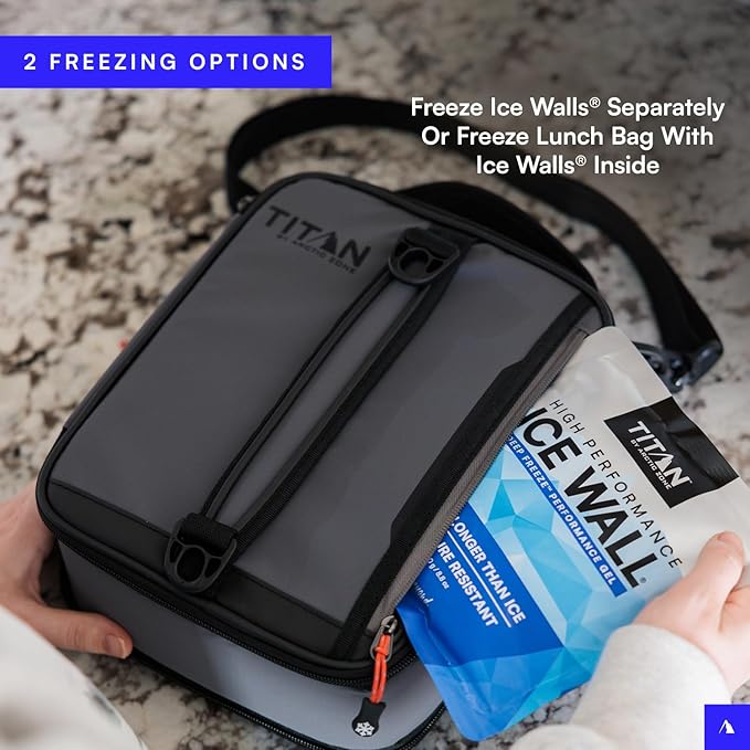 Titan by Arctic Zone Expandable Lunch Box with 2 Gel Ice Packs, Fridge Cold Insulated Cooler Bag with Leak Proof Lining for Men and Women, Sharkskin Gray