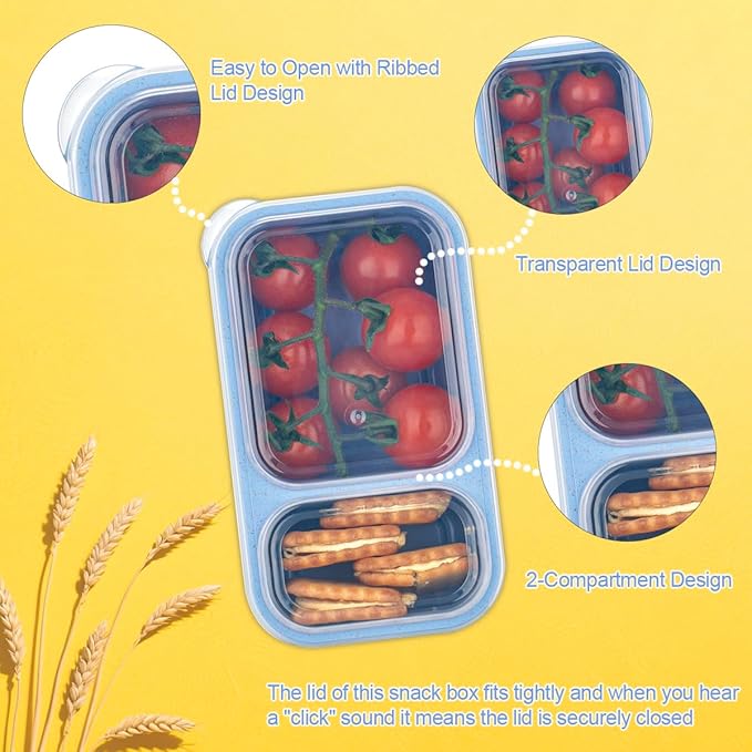 DOSEWART 2-Compartment Reusable Snack Containers with Lids Wheat Straw Reusable Snack Packs for Meal Prep Food Storage on-the-go Snacking(12Pack)