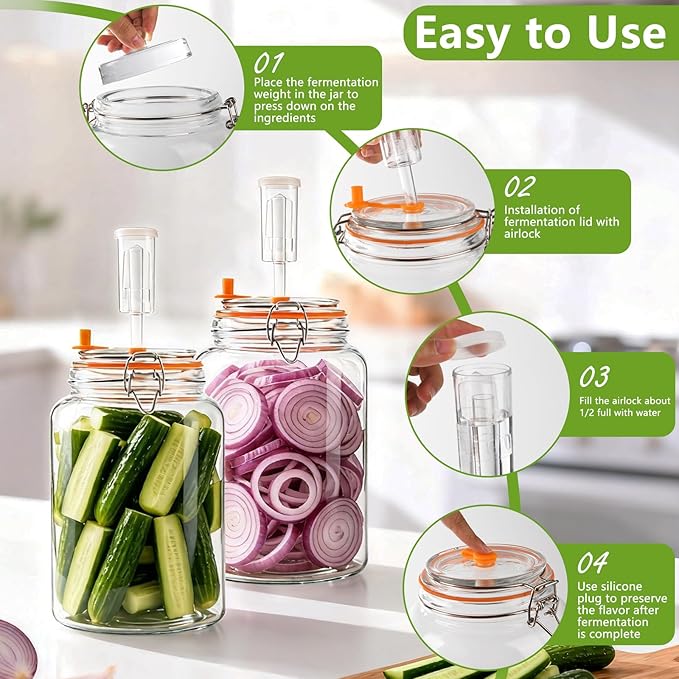 2 Pack 1 Gallon Glass Fermentation Jars with Airlocks & Weights – 4.7" Wide Mouth Sauerkraut Jar Set for Brewing, Pickles, Kombucha, Kimchi – Complete Fermenting Kit for Beginners