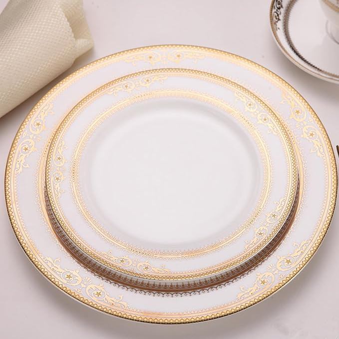 24-piece bone china dinnerware set for 6, gold trim pattern round dinner plates, fine dish set for 6 with coffee cup for dinning, suitable for microwave,oven,dishwasher (dinnerware set for 6 people)