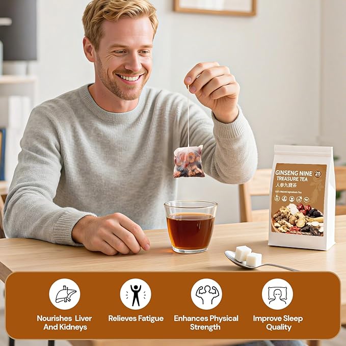 Ginseng Nine Treasure Tea, Natural Chinese Herbal Kidney Cleanse Detox Tea Support Liver & Kidneys Health for Men Women, No Additives, Caffeine Free, 9 Premium Ingredients Blend (50 Bags/2 Pack)