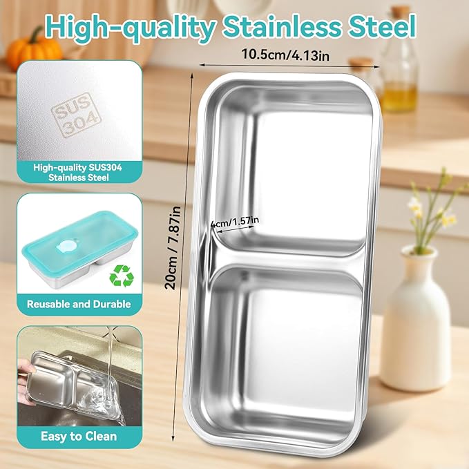 Stainless Steel Snack Containers, 2 Pack Grab and Go Snack Containers Reusable, Double Compartment Food Storage Containers with Lids, Lunch Box Containers for Travel, Outdoor Camping and Daily Use