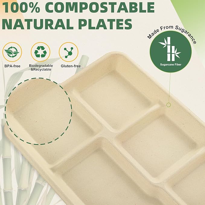 WELLIFE 100% Compostable 5 Compartment Paper Plates, 100 Pack Disposable School Lunch Trays Divided Plates for Adult Youth, 12.5 * 8.6 inch Heavy Duty Eco-Friendly Bagasse Plate for Buffet and Party