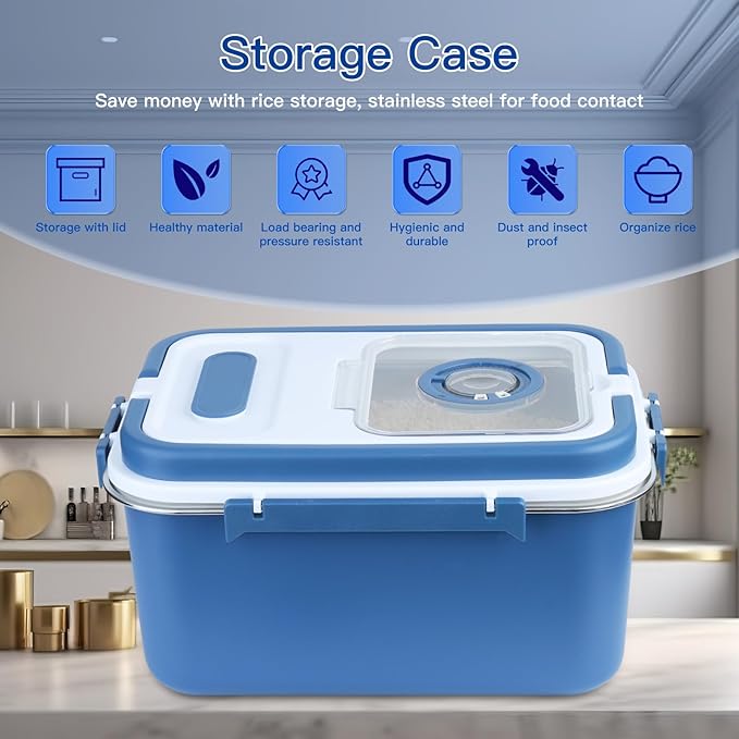 Rice Sorage Container Bin 20 lbs Stainless Steel Flour Storage Containers with Lid Rice Grain Kitchen Bucket Airtight Canister for Cereals Flour Sugar Tea Milk Wine Ice, Dry/Wet Food,Blue