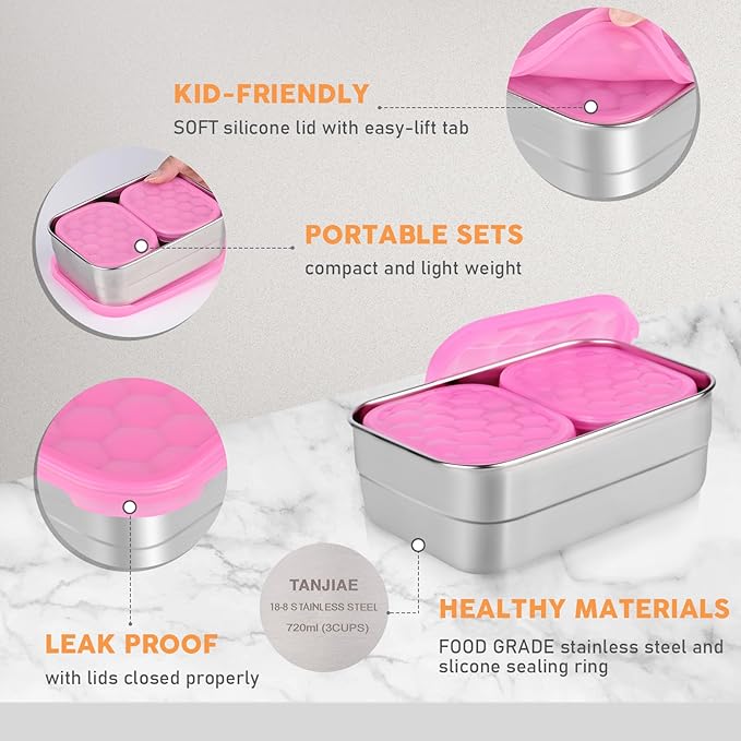 Tanjiae Small Stainless Steel Lunch Containers for Kids | Leak Proof BPA Free Snack Containers with Silicone Lids - Perfect Metal Snack Containers with Lids for School and Daycare (25oz+8oz*2)