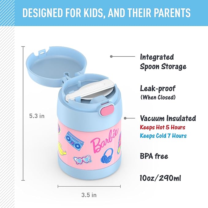 THERMOS FUNTAINER Insulated Food Jar, 10 Ounce, Kid Friendly Food Jar with Foldable Spoon, Barbie