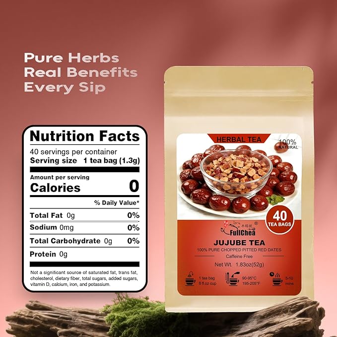 FullChea - Jujube Tea, 40 Teabags – Premium Pitted Jujube Dates Tea Bags – Non-GMO - Caffeine-Free – Naturally Sweet, Smooth and Gently Nourishing – Traditionally Used for Calm Evenings
