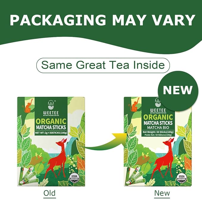 WT WEETEE Organic Matcha Green Tea Powder To-Go Travel Sticks, Organic Unsweetened Matcha Powder 50 Count (2g Each), Highly Caffeinated Energy-Boosting