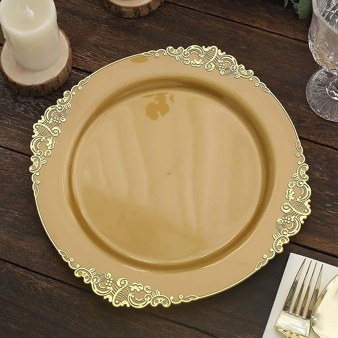 Efavormart 10 Pack | 10" All-Gold Baroque Dinner Plates, Leaf Embossed Metallic Rim Heavy Duty Serving Plates for Prestigious Ballroom Events