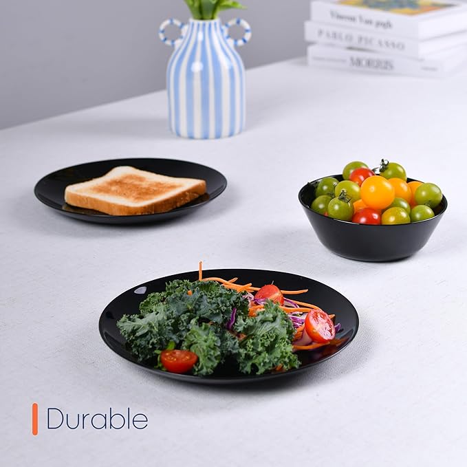 LaGlint 8.5 inch Salad Plate Set of 6, Lightweight Opal Glass Round Black Plates for Appetizer Dessert Kitchen, Dishwasher and Microwave Safe