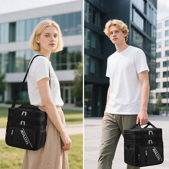 RealCool Lunch Bag, Insulated Lunch Box for Men Women, Double Deck Leakproof Soft Cooler Bag with Adjustable Strap, Reusable Lunchbox for Work, Travel, Camping (Black)