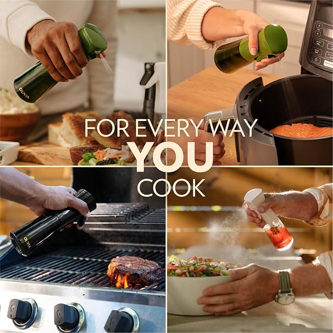 OLIVIA SIGNATURE Advanced Kitchen Oil Sprayer with Flairosol Technology, Fine Mist & Portion Control, Refillable Glass Cooking Spray Bottle, Anti-Drip & Leakproof, Air Fryer, Salad, BBQ, 200ml(Black)