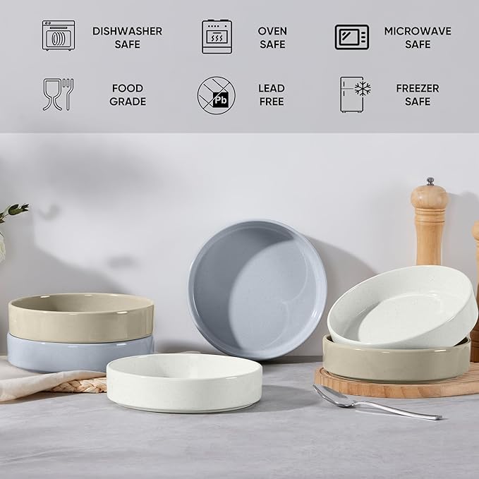 E-far Pasta Bowls Set of 6, 35 oz Large Stoneware Bowl Plates | Shallow & Wide Ceramic Pasta Serving Plates for Salad Dinner Soup | Microwave & Dishwasher Safe, Speckled Multicolor