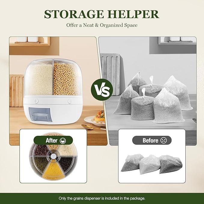 360° Rotating Grain Storage Container – Large Rice Dispenser with One-Click Output, Multi-Compartment Kitchen Organizer for Small Grains, Beans, Flour (Airtight & Stackable)