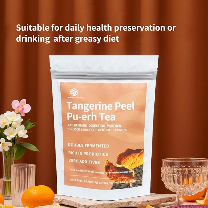 Tangerine Peel Puerh Tea Bags - Chenpi & Puer Herbal Blend for Digestive Aid & Wellness, Ripe fermented Tea with Natural Mandarin Aroma, Traditional Chinese Tea 2.12oz 20 Bags, AeroMind CloudTrade