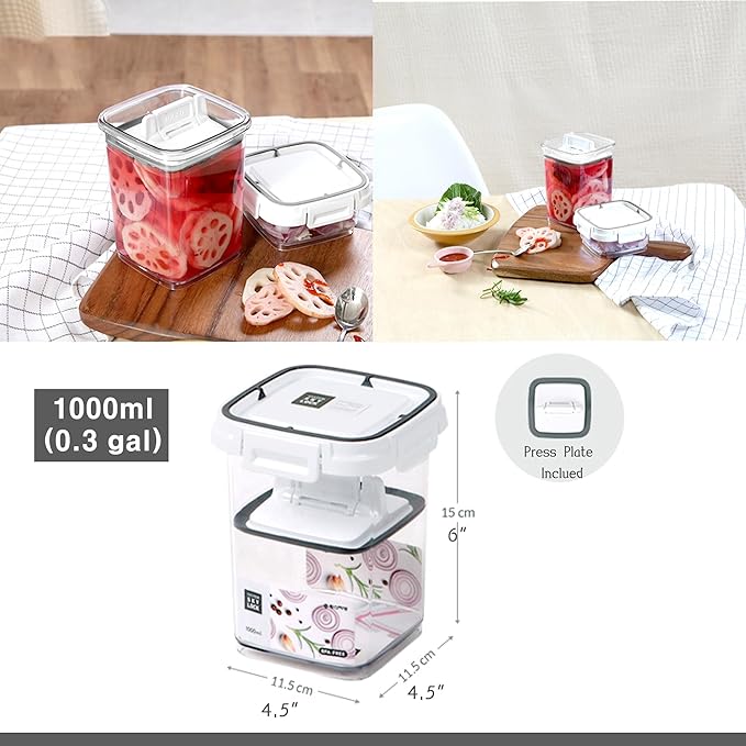 Pickle keeper Press Plate Food Storage Container Organizer for Kimchi Sauerkraut Fermentaion Airtight Lid Locking for Preserved Food (1000ml / 0.3 gal)