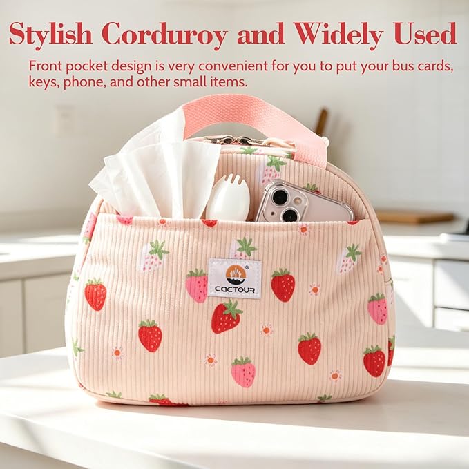 CaCTOUR Lunch Box for Women,Cute Lunch Box Cooler Bag, Portable Insulated Small Lunch Bag Women Reusable Corduroy Lunch Tote for Work/Travel/Picnic (Strawberry)