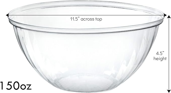 PLASTICPRO Disposable 150 Ounce Round Crystal Clear Plastic Serving Bowls, With Lids Party Snack or Salad Bowl, Chip Bowls, Snack Bowls, Candy Dish, Salad Container Pack of 8 Dough Rising Bowls