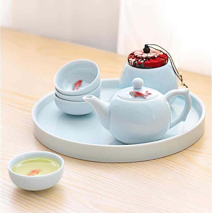 Yixing Handmade Celadon Colorful Koi Fish Teapot,Chinese Gongfu Tea Set,Japanese Teapot, Korean Soju Shot Glasses Set