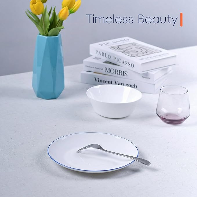LaGlint 8.5 inch Salad Plate Set of 6, Lightweight Opal Glass Round White Plates for Appetizer Dessert Kitchen, Dishwasher and Microwave Safe, Hand Painted Navy Blue Rim