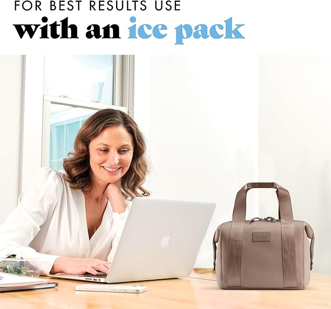 Fit & Fresh Remi Lunch Bag for Women Work – Neoprene Lunch Tote with Containers & Ice Pack, Reusable Meal Prep Lunch Box, Large Capacity, Machine Washable, Taupe
