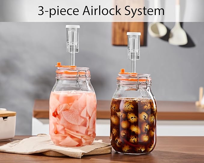 1.8 Liters(0.48 gallons) Fermentation Jar, Wide Mouth Glass Fermenting Jar with Airlocks for Making Sauerkraut, Kimchi, Pickles, Mead, Cider & More, Pack of 2