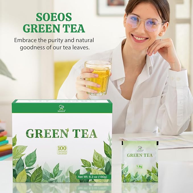 Soeos Green Tea, 6.3 oz (180g), 100 Tea Bags, Refreshing and Fragrant, Sustainably Sourced, Ideal for Hot or Iced Tea, Long-Lasting Freshness