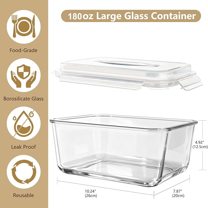 5.4L/ 180oz/ 22cup Extra Large Glass Food Storage Container with Airtight Lid for Roasting Chicken, Brine,Lasagna - BPA-Free, Oven, Freezer & Dishwasher Safe Big Marinade Container