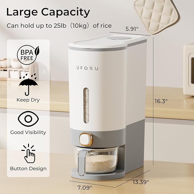 UFORU Rice Dispenser, Rice Storage Container with Measuring Cup for Kitchen Pantry Household, Cereal Dry Food Storage Containers Airtight, Sealed Moisture Proof, (Gray 22 Lbs)