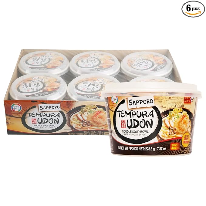 Surasang Tempura Udon Noodle Bowl - Instant Noodles with Tsuyu Soup Base, Katsuobushi & Tempura Flakes, 3-Minute Microwave Meal, 7.87 oz – Pack of 6
