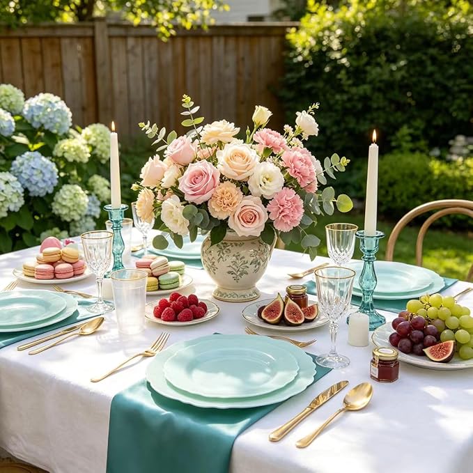 WDF 60pcs Mint Green Plastic Plates - Baroque Dinner Plates Including 30 Green Plates Disposable10.25inch, 30 Dessert Plates 7.5inch for Upscale Wedding/Party/Picnic/Spring