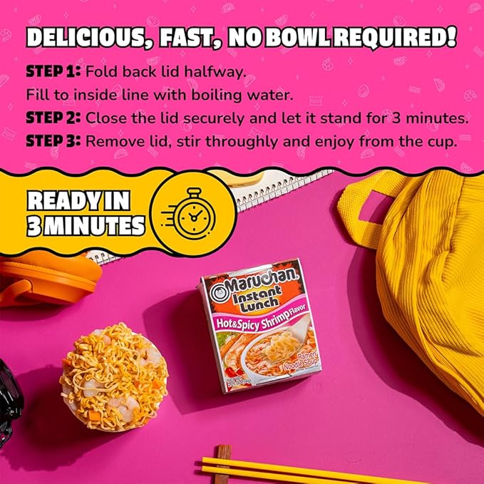 Maruchan Instant Lunch Ramen Noodles, Hot & Spicy Shrimp Flavor – Japanese-Style Instant Noodle Soup, Easy Meal Ready in 3 Minutes – 2.25 Oz. (12 Pack)