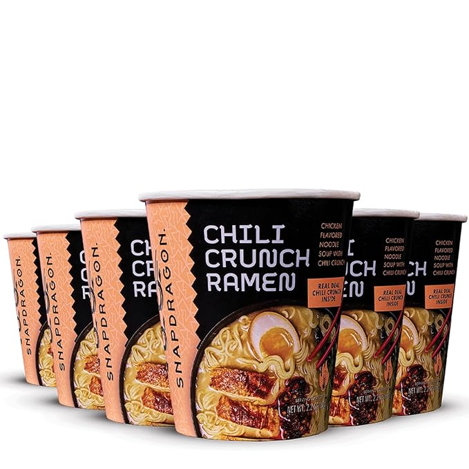 Snapdragon Chili Crunch Ramen Cup Noodles - 6 Pack Instant Ramen Bowl with Authentic Wheat Noodles, Soup Sauce Base, Vege Pack and Chili Crunch Oil. Microwave or Hot Water, Easy Meal Prep