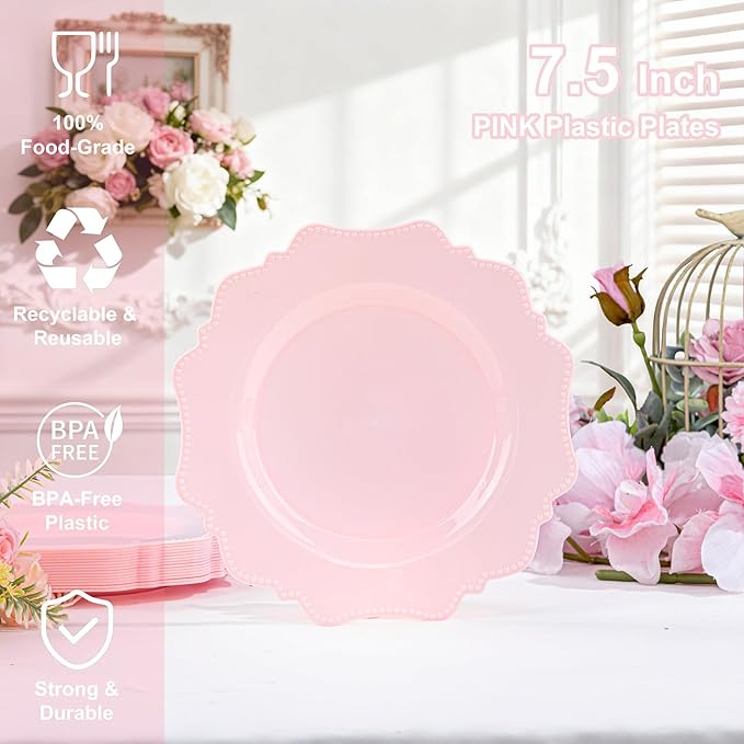 COLOSUS 60pcs Pink Plastic Dessert Plates - 7.5 Inch- Heavy Duty Disposable Plastic Appetizer/Salad/Cake Plates for Party Wedding and Everyday Use,Easter Day