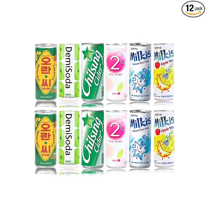 FRKR Korean 10 &12 Drinks Assortment Gift Box [Chilsung Cider/Mikis/Demisoda/Banana Milk/McCOL/MoguMogu/2%/SacSac/Etc.] Soft Drinks + Real Fruit Drinks + Energy Drinks (12, Movie Night)